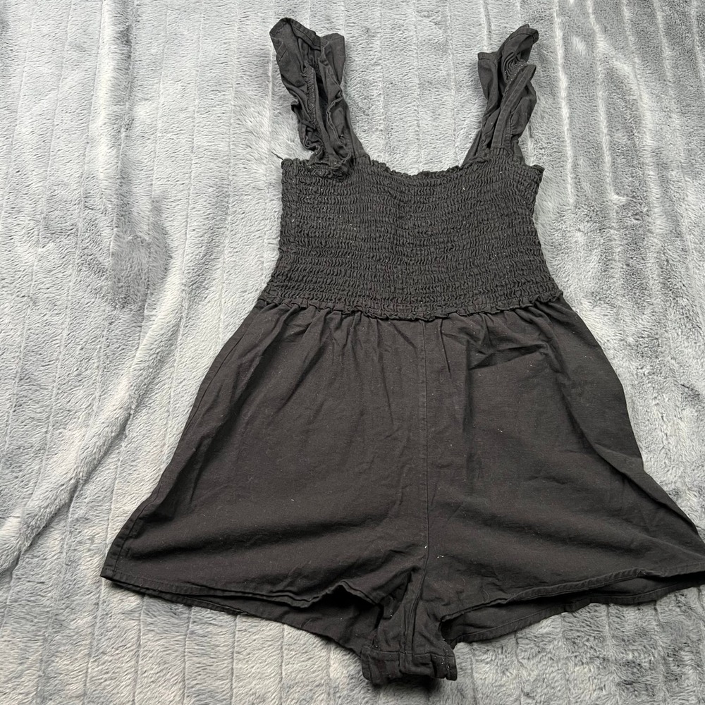 ASOS Black Cotton Linen Smocked Ruffle Strap Romper Size US 8 08004935